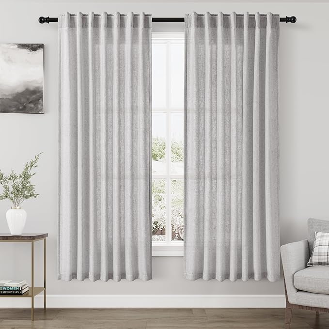 Nanspring Grey Semi Sheer Curtains 72 Inches Long 2 Panels Set for Bedroom Back Tab Rod Pocket Light Filtering Drapes Cotton Linen Textured Grey Farmhouse Living Room Curtain 52X72 Inches