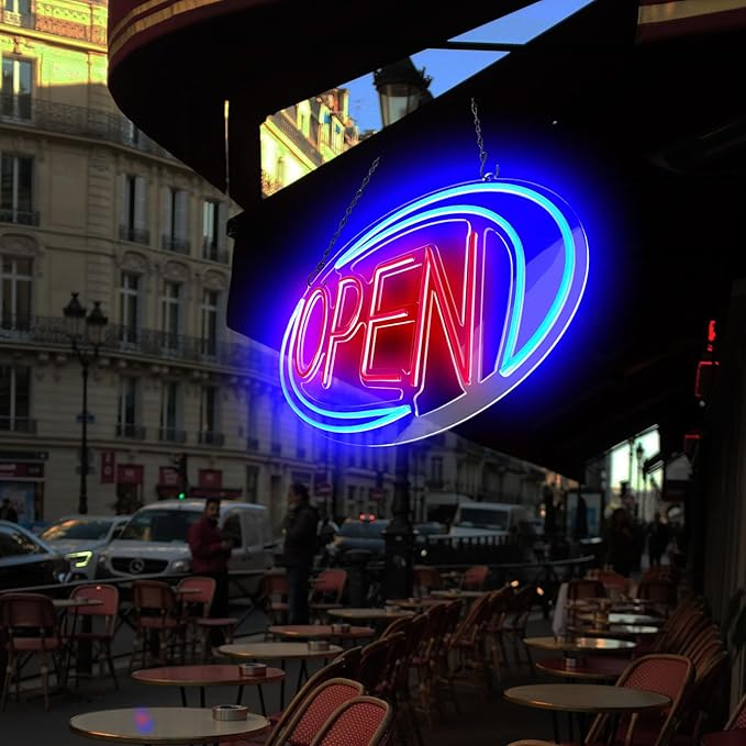 Open Signs for Business,Neon Open Sign Led,24"x 12",Remote Control Open/Closed Bussiness Hour Sign Set,Light for Bar Coffee Salon Store Window,12V/2A Adapter with ON/OFF Switch (Blue/Red Oval)