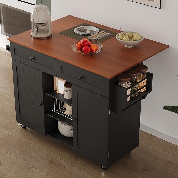 Kitchen Island On Wheels, Rolling Kitchen Island Cart with Drop Leaf and 2 Drawers, Mobile Kitchen Table Storage Cabinet with Tower Rack and Spice Rack for Dining Room, Kitchen, Black