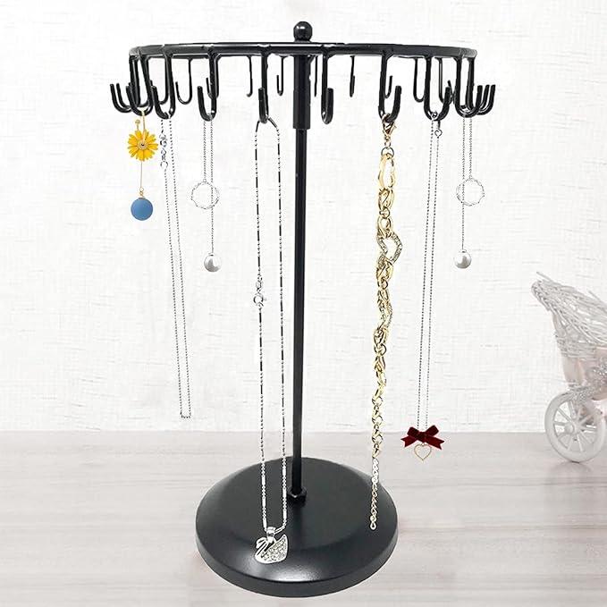 Rotating Necklace Holder Jewelry Organizer Display Stand 14-Inch with 23 Hooks Black, short-black, 8.27*5.9*13.8inch (HS01)