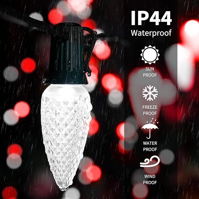 Brightown C9 Christmas String Lights, Red and Pure White Commercia Outdoor Christmas Lights with 150 Strawberry C9 LED Bulbs, Waterproof Extendable UL Certified for Party Holiday Indoor Xmas Decor