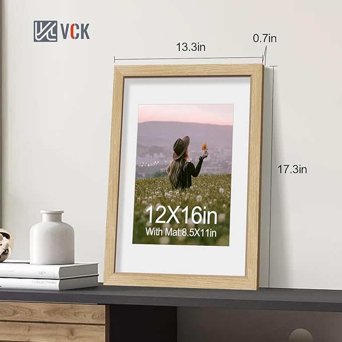 VCK 12x16 Picture Frame 5 Pack - Natural Oak, High-End Wood Poster Frames with Tempered Glass, Display 8.5x11 Photo with Mat or 12x16 without Mat, Art Gallery-Quality, Wall Hanging, Natural Oak