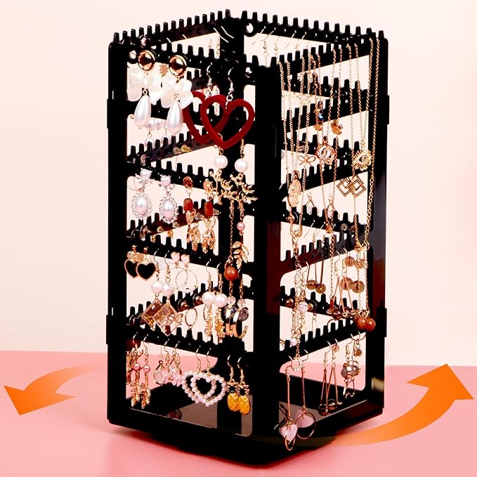360° Rotating Jewelry Organizer Stand with 5 Layers,Acrylic Earring Holder Organizer Stand,228 Holes and 232 Grooves for Studs,Dangly Earrings,Chains,Bracelets,Necklace