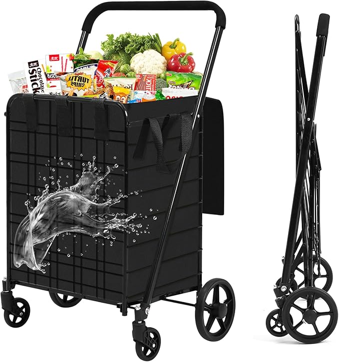 Shopping Cart for Groceries, 396 LBS Super Capacity Folding Utility Cart with Waterproof Liner, 360° Rolling Swivel Wheels Collapsible Cart, Heavy Duty Trolley for Laundry, Groceries (Jumbo+Bag)