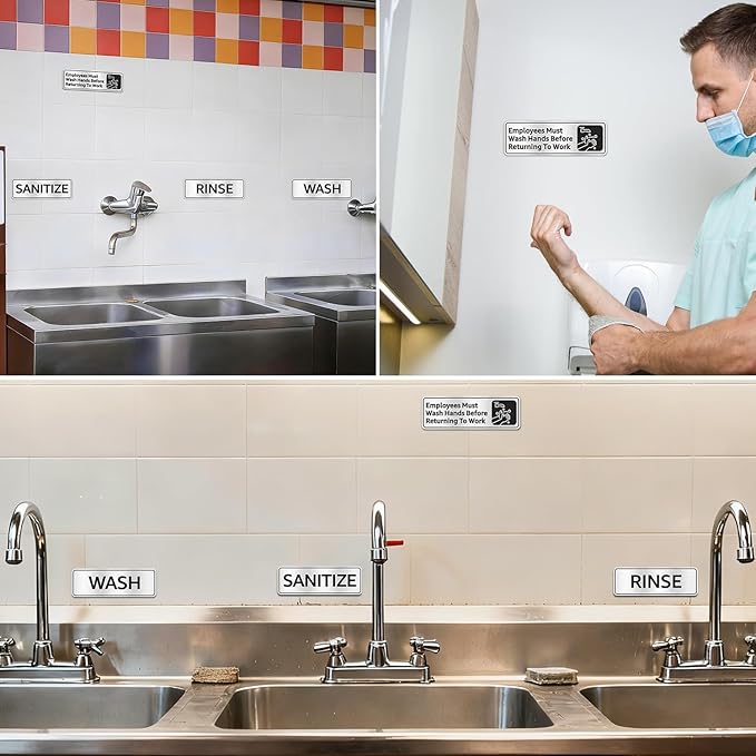Faittoo Wash Rinse Sanitize Sink Labels Signs with Employees Must Wash Hands Sign, (4 Pack) 9" x 3" Rust Free Brushed Aluminum Sign, Self-adhesive, for Restaurant, Hotel, Rest Stops, Company