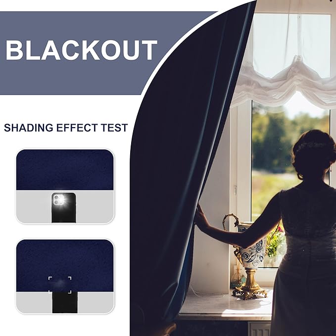 JIUZHEN Blackout Curtains for Bedroom - Thermal Insulated Room Darkening Rod Pocket Curtains for Living Room, Set of 2 Panels with Tiebacks, 42 x 84 Inch Length, Navy Blue