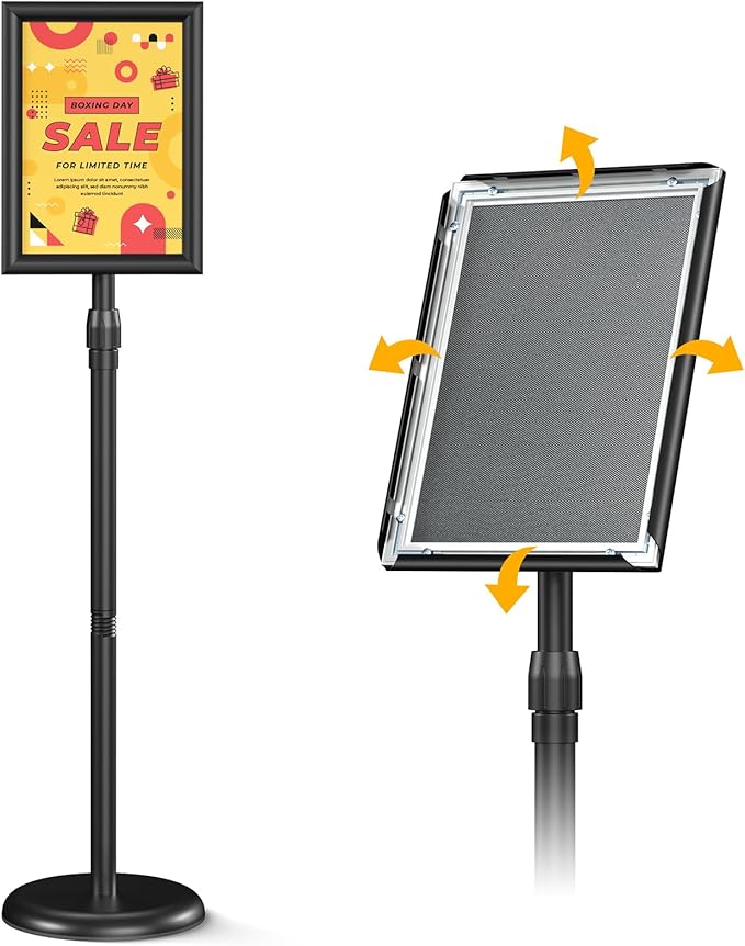 Sign Holder Sign Holder Stand Sign Stands for Display 8.5 x11 Inches Sign Stand Adjustable Standing Sign Holder 360° Rotating Signage Stand for Restaurant , Business, Supermarket Indoor Outdoor Display（Black）
