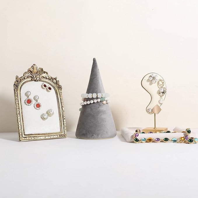 GemeShou Velvet bracelet display stand for selling, grey jewelry bangle holder with golden base, felt bracelet storage organizer for nightstand home decor【Bracelet holder-grey】
