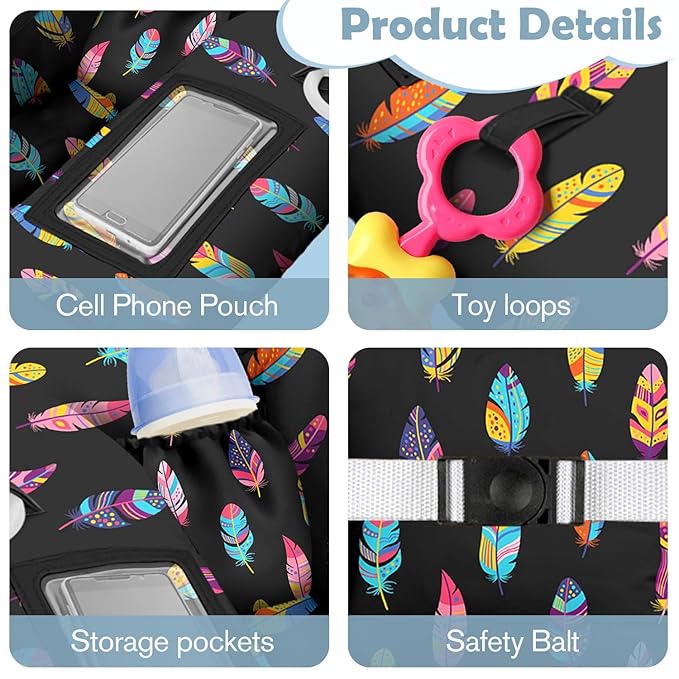 Shopping Cart Cover for Baby 2-in-1 High Chair Cover with Safety Harness Multifunctional Indian Colorful Feathers Cart Covers for Babies Soft Padded Grocery Cart Cover for Baby Boy Girl