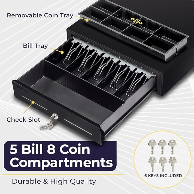 Volcora 16" Push Open Cash Register Drawer for Point of Sale (POS) System, Partial Removable Black Heavy Duty Till with 5 Bills/8 Coin Slots, Key Lock and Double Media Slots