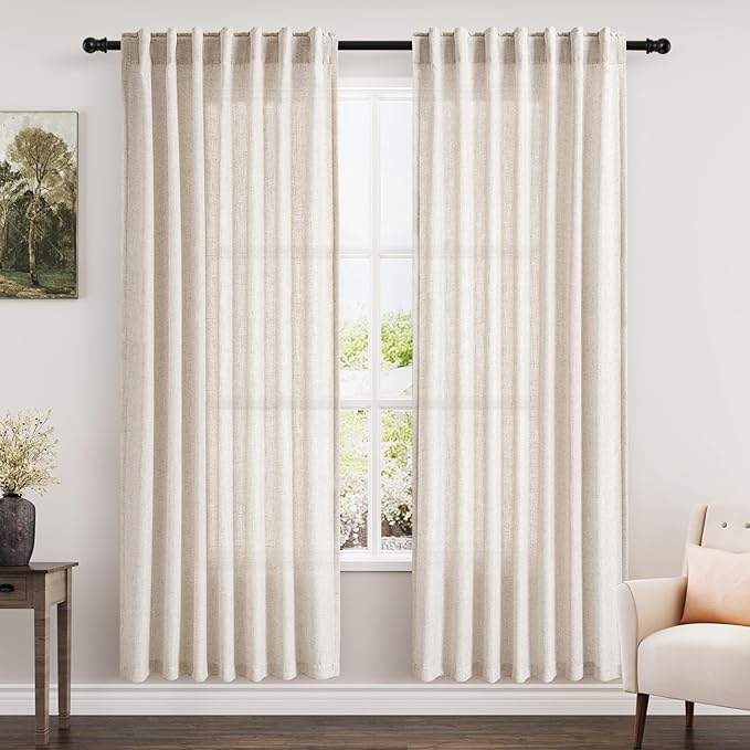 Beige Linen Curtains 80 inches Long for Bedroom Back Tab Light Filtering Privacy Sheer Curtains Modern Farmhouse Coastal Decor Beige Cotton Textured Gauze Curtain 2 Panel Set 52x80