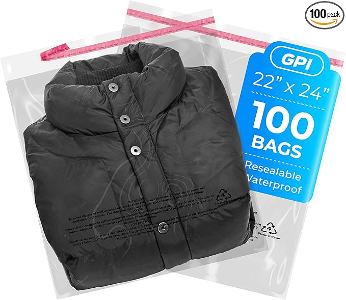 100 Count - 22" x 24" Extra-Large Self Seal Poly Bags with Suffocation Warning, 1.5 Mil, Clear Polybags with Resealable Adhesive Strip for Shipping & Packaging Clothing, T Shirts & Sweaters. GPI