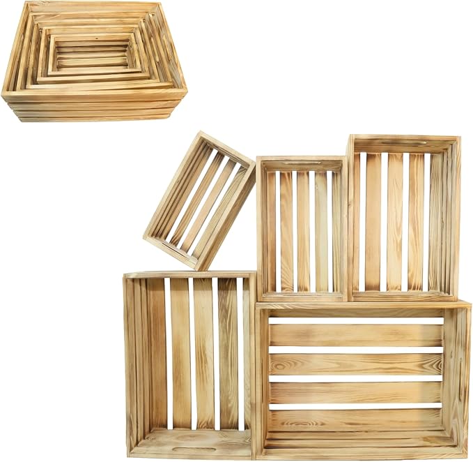 5 Pcs Decorative Wood Crates for Display, 5 Size Large Farmhouse Wooden Basket for Storage Container and Decorations, Rustic Nesting Crates Decor Boxes with Handle