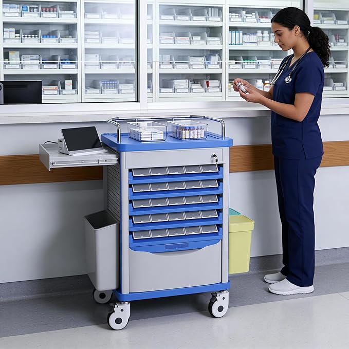 Medication Bins Cart with 200 Bins, 10 Drawers, Hidden Sub Workbench - Dual-Sided Open, 50 Medicine Boxes, Silent Casters, Container, 2 Trash Bin-Medical Crash Cart for Clinic, Hospital and Lab