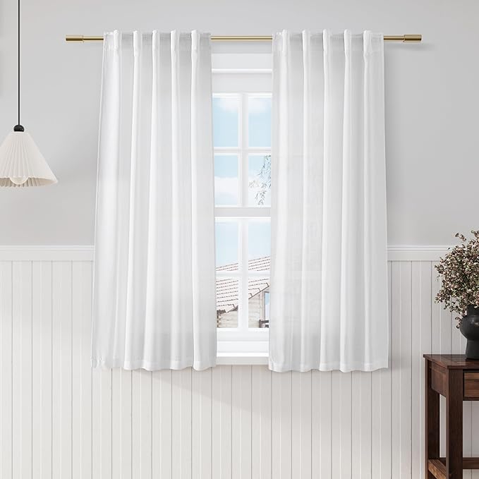 Nanspring White Cafe Curtains 54 Inch Length Set 2 Panel Kitchen Back Tab Pocket Drapes Semi Sheer Short Linen Textured Sheer White Curtain Modern Decor for Small Bathroom Window