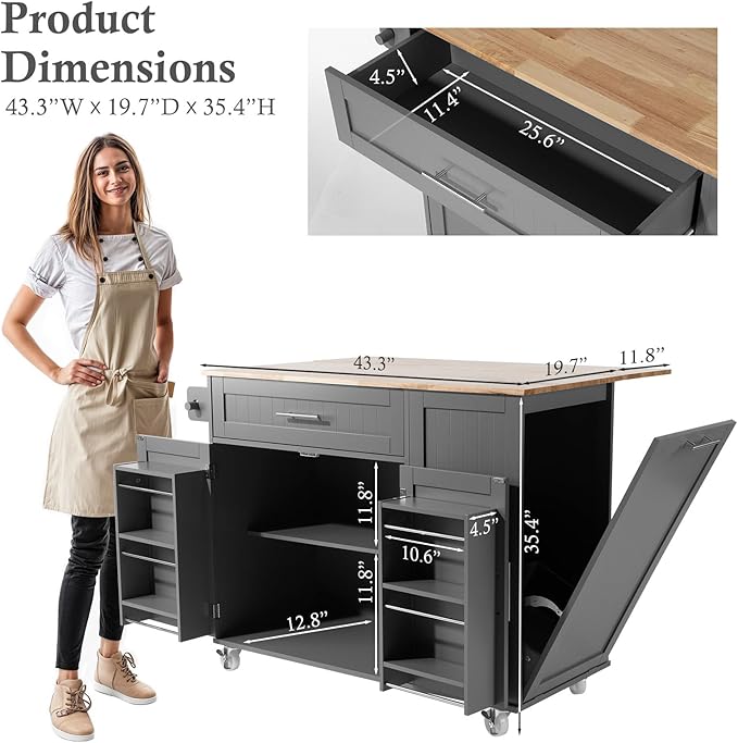 43.3" Rolling Kitchen Island Cart with Drop Leaf & Storage - Mobile Kitchen Organizer with Wheels, Rubberwood Top, Trash Bin Cabinet & Towel Rack, Farmhouse Style for Small Spaces Grey