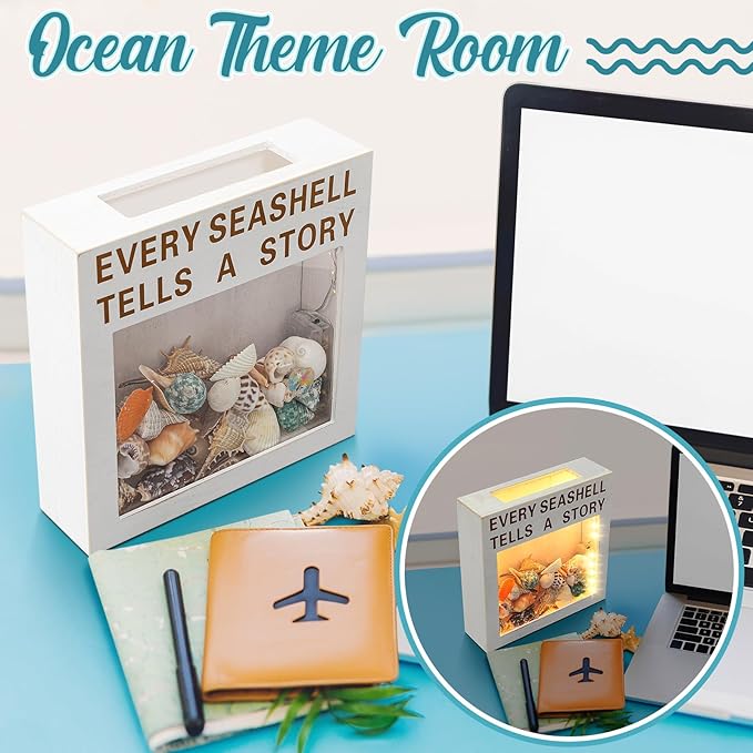 Juexica Seashell Holder with Light Display Box Room Decor Ocean Themed Gifts for Christmas Display Case Sea Shells Beach Coastal Decor Acrylic Wall Hanging(White,Seashell)