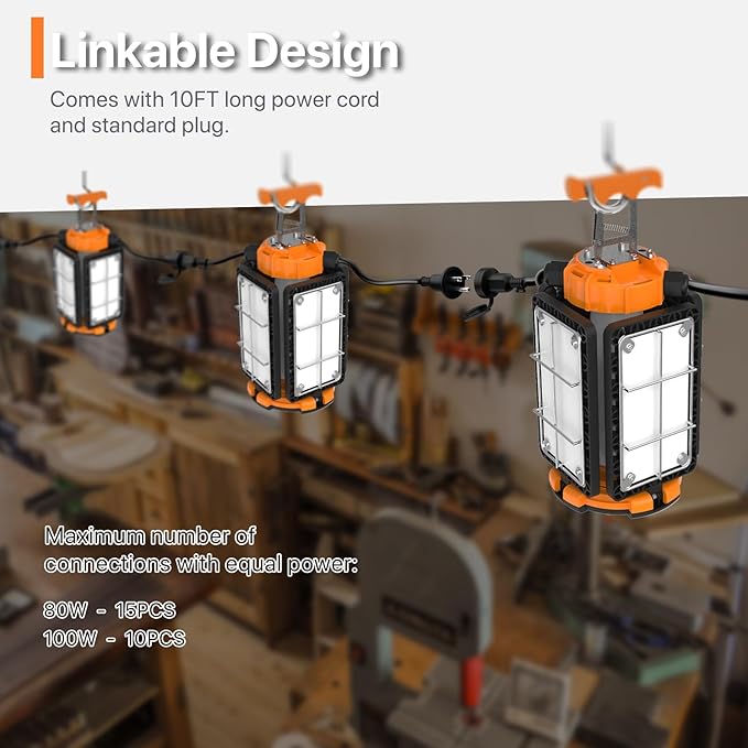 LED Temporary Work Light: 80W 12000LM Led Work Light with Brightness Adjustable Switch, 4 Deformable Panels Portable Construction Light, 5000K Linkable Hanging Work Lamp for Workshop Garage Jobsite