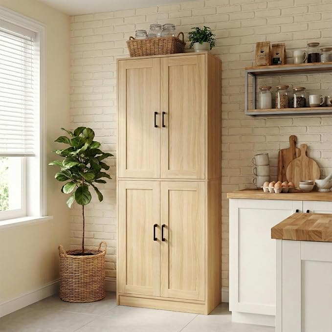 71" Tall Kitchen Pantry Cabinet, Freestanding Food Storage Organizer with Doors & Adjustable Shelves, Large Utility Hutch Cupboard for Dining Room, Living Room, Bathroom & Home Office, Oak