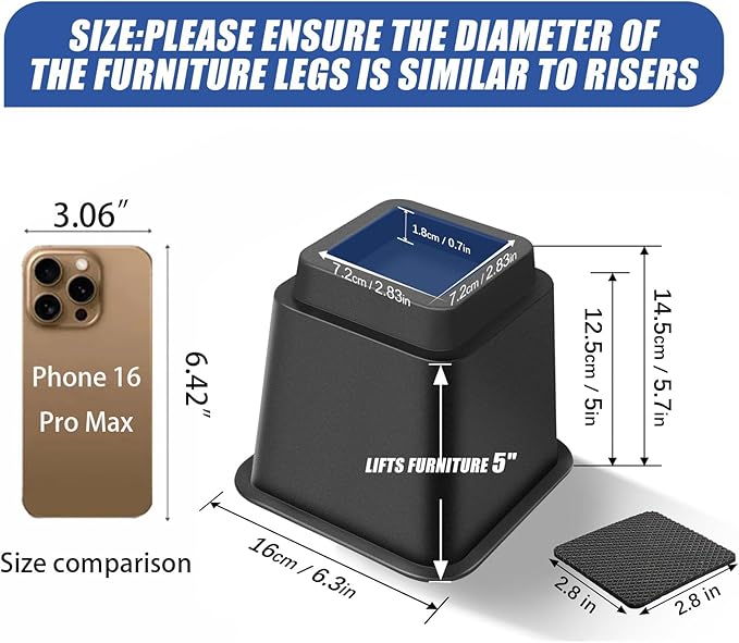 Bed Riser/Furniture Lift Bed/Bed risers/Furniture Lifter/Table risers/Frame Risers Create Under Bed Storage Heavy Duty for Furniture Height Adjustment (Black 8 Pack, 5 Inch)