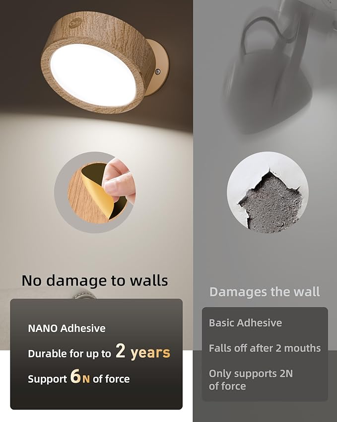 EZVALO LED Wall Mounted Lights, 5500mAh Rechargeable Wall Sconces Lamp, 3 Color Temps & Remote and Touch Control, 360°Rotation Dimmable Cordless Wall Light Burlywood (3 Pack)