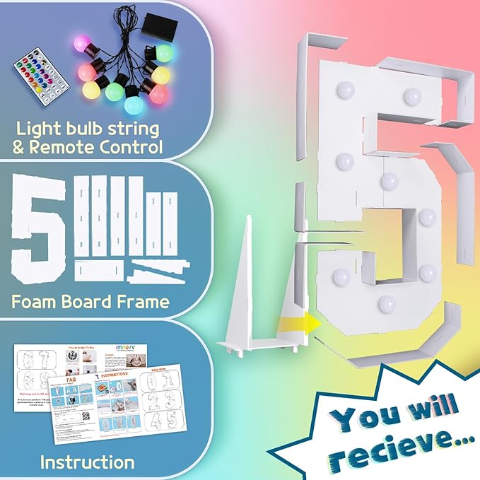 imprsv 3FT Colorful Marquee Numbers,18 Colors 5 with Remote, Light Up Numbers 5 for 15th 50th Birthday Decorations Anniversary Party Decor, Pre-Cut Foam Board Kit, Mosaic Sign for Balloon