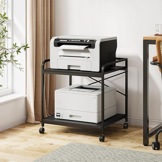 Warmiehomy 2 Tier Printer Stand with Storage, 22 Inches(55cm x 50cm) Under Desk Rolling Printer Cart with Height Adjustable Shelf, Large Printer Table for Home Office, Black