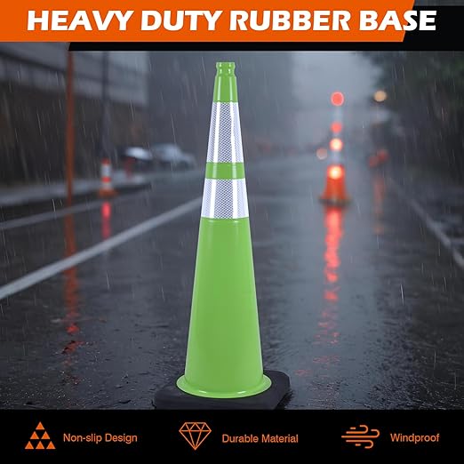 8 Pack 36 Inch Green Reflective Safety Cones, Tall Black Base Traffic Cones for Road Work, Parking Guidance and Athletic Field Marking (8, Green, 36 Inch)