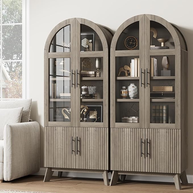 71" Modern Fluted Display Cabinet with Glass Door, Arched Curio Cabinet with Adjustable Shelf, Bookcase for Collectibles Books, Storage Cabinet for Living Room, Dining Room, Grey
