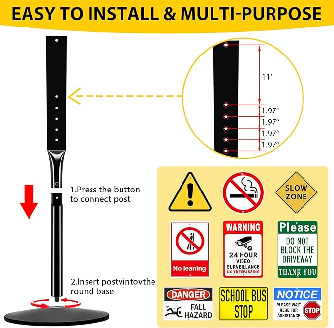Heavy Duty Cast Iron Sign Post With 12" Diameter Bottom Round Base, 48" Movable Stand for Hanging Signs, 2-Pack