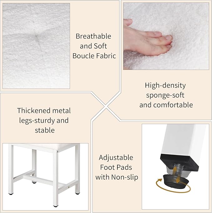 Vanity Stool, Saddle Seat Makeup Stool Chair with Metal Leg, U-Shaped Teddy Velvet Ottoman Foot Rest Stool, Small Square Chairs Under Desk for Vanity, Modern Makeup Bench White