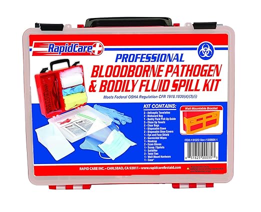 Rapid Care First Aid 839BBK-1 Premium Bloodborne Pathogen & Bodily Fluid Spill Kit, OSHA Compliant, Wall Mountable, 10" x 8" x 3 1/2"