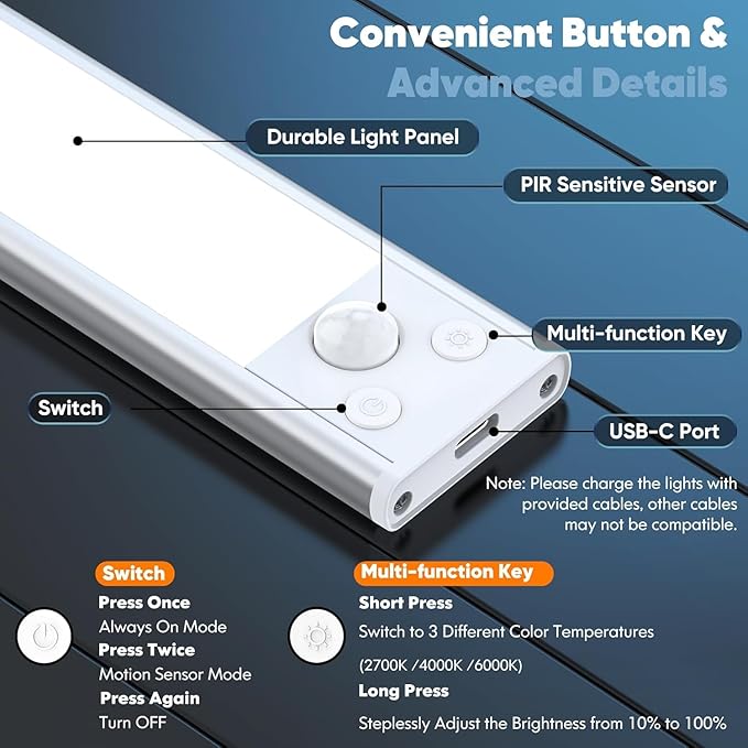5-Pack 14'' Under Cabinet Lighting, 3200mAh Rechargeable Battery Operated Motion Sensor Lights Indoor with 108 LED&3 Color, Dimmable Wireless Magnetic Under Counter Closet Lights for Kitchen Stair