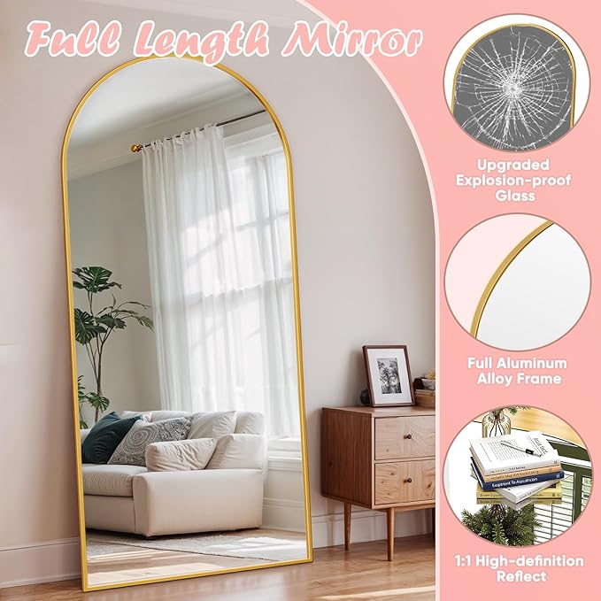 Full Length Mirror, 76" x 34" Arched Full Body Mirror Large Standing Floor Mirrors, Mirrors for Bedroom, Bathroom, Living Room Standing or Wall Leaning, Gold