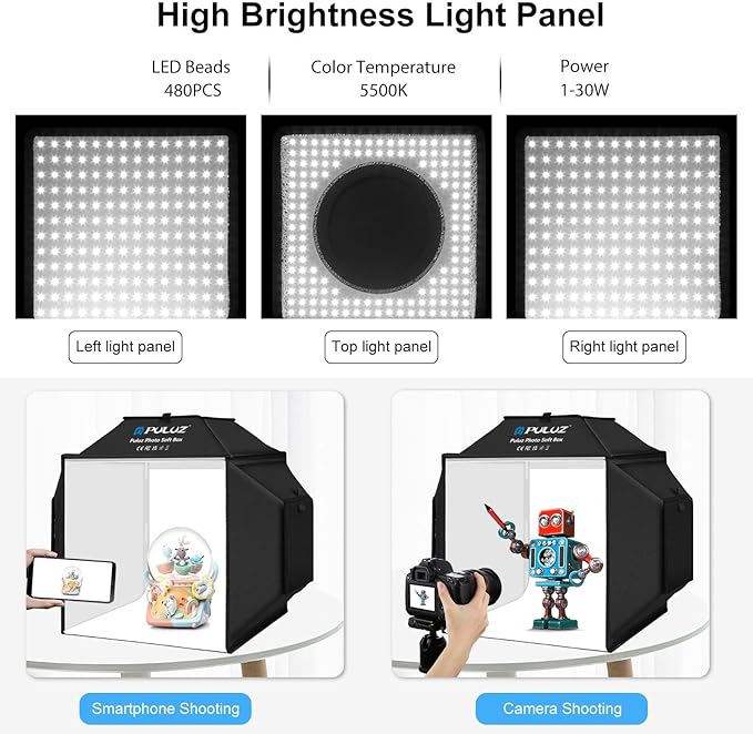 Light Box, PULUZ 16"x16" Studio Light Box with 480pcs LEDs Lights 4 Color PVC Photography backdrops Shooting Tent for Jewelry and Product Portable Lightbox Picture Box for Photography (Upgrade)