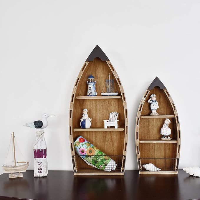 Morning View 2-Pack Wooden Boat Shelves, Nautical Decor, Wall Hanging Decor, 2 Removable Shelves, 23.5 & 31.4 Inch, White