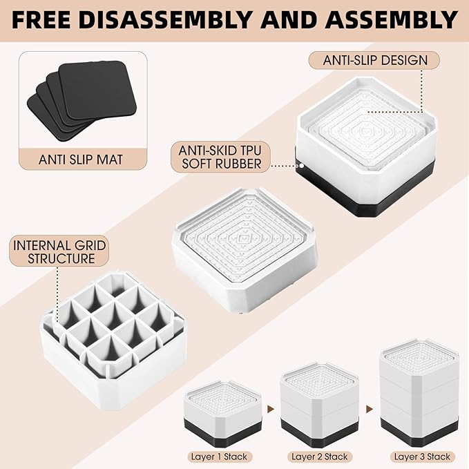 Furniture Risers Bed Risers - Rectangular Adjustable Block Riser for Raising 1.5-3 In. & 4.3 In. Beds, Tables, Sofas, Refrigerators, Washers - Up to 4,000 Pounds (White, Three Layers 4.3inches)