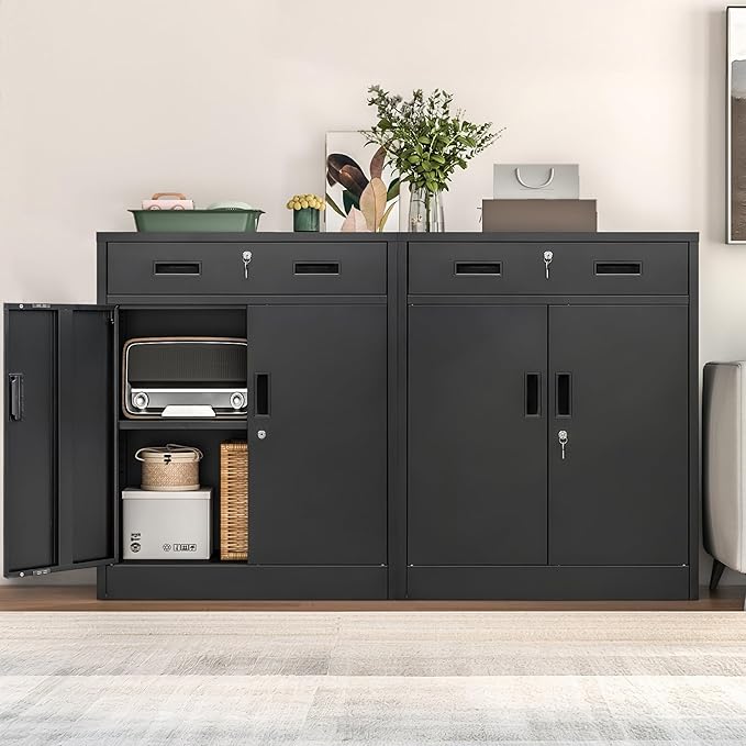 Metal Storage Cabinet, Locking Cabinet with One Drawer and Adjustable Shelf, 36" H x 28" W x 16" D Steel Storage Cabinet for Office, Garage, Home-Black