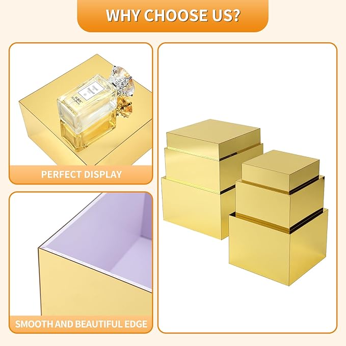 Gold Risers Display Stands, 6pcs Acrylic Display Stand, Purse Stand, Food Display Buffet Riser, Retail Mirror Squre Display Boxes for Perfume Collection Jewelry Party Centerpieces