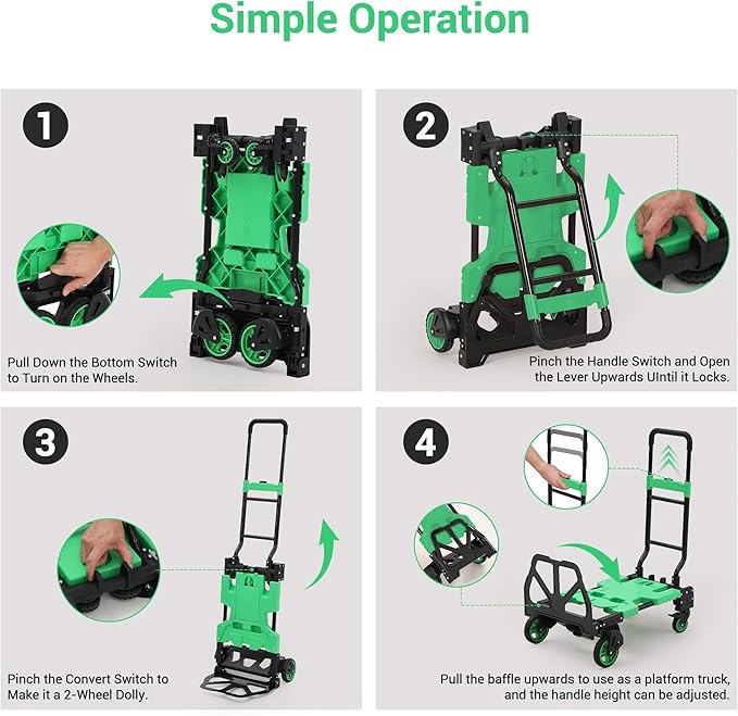 2-in-1 Folding Hand Truck with Folding Basket, Collapsible Hand Truck Dolly with Retractable Handle & 4 Wheels, 330 LB Capacity Portable Dolly Cart for Moving, Shopping, Green
