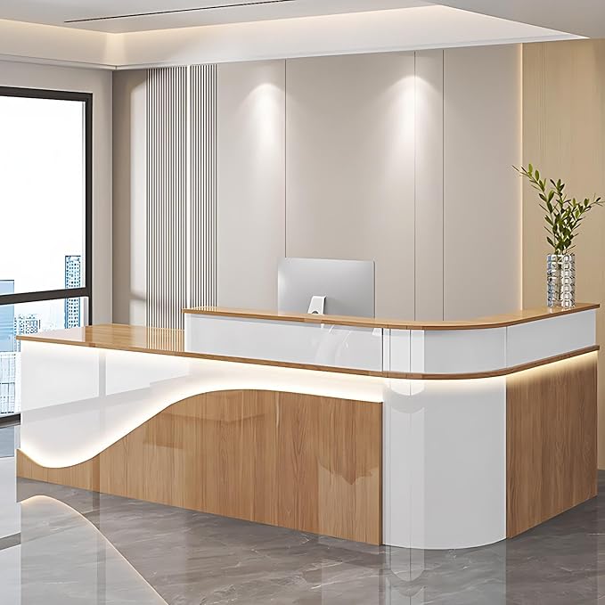 Modern Reception Desk – Front Desk, Reception Counter for Office, Checkout Counter, LED Lighting, Storage, Soft Close Drawers, Custom Logo, Fully Assembled (L,80IN)