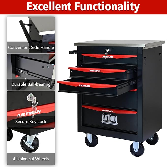 5 Drawer Rolling Tool Chest with Locker, 22.2" D Metal Movable Lockable Tool Cart Box Multi-Functional Hardware Storage Cabinet Box for Warehouse Basement Home Pantry Garage