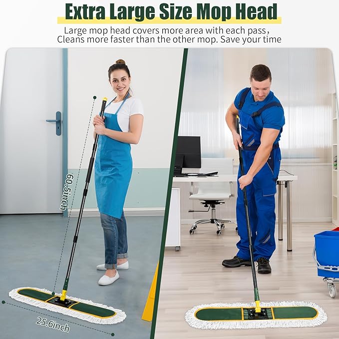 24" Commercial Dust Mop for Floor Cleaning, Heavy Duty Large Mop with Replacement Mops Pads, Industrial Duster Floor Wet Dry Broom for Cleaning Office Garage Hardwood Warehouse