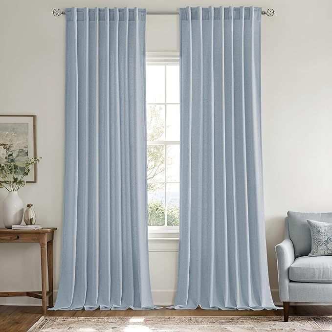 MIULEE Non-See-Through Privacy Linen Curtains 2 Panels, Chambray Blue Light Filtering Window Curtains Farn House Textured Back Tab Semi Sheer Drapes for Bedroom Living Room 90 Inches Long Light Blue