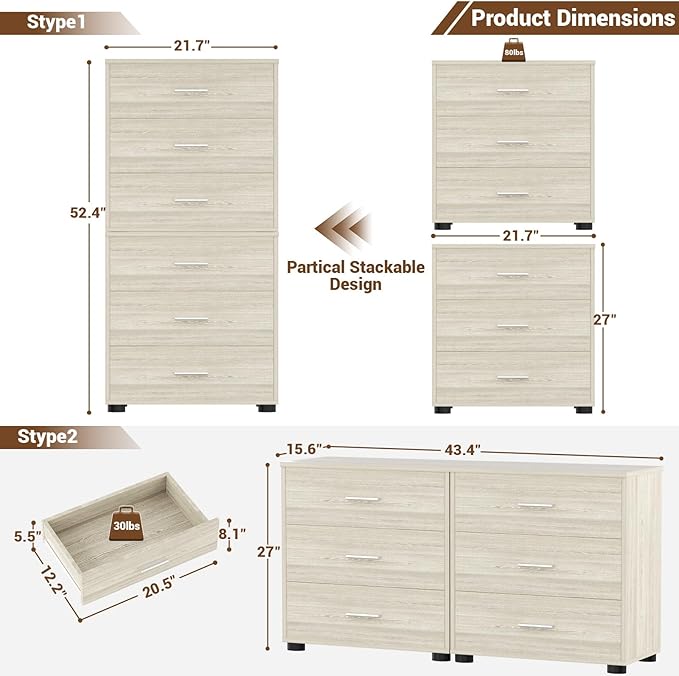 Aheaplus Closet Drawers Set of 2, Wood Closet Organizers and Storage with 3 Drawers, Closet Drawers Organizer System, Nightstands Bedside End Table with 3 Drawers Storage for Bedroom, White Oak