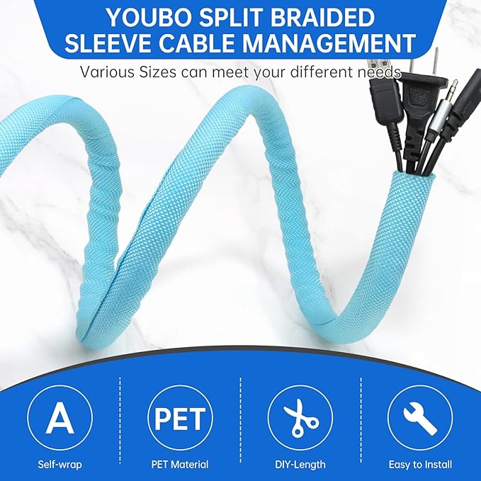 Split Braided Cable Sleeve，Flexible Wire Loom Tubing, Automotive Cord Protector Pet Proof, Cable Management for Computer TV Electric Wires Harness 16ft (Sky Blue, 13mm（1/2")