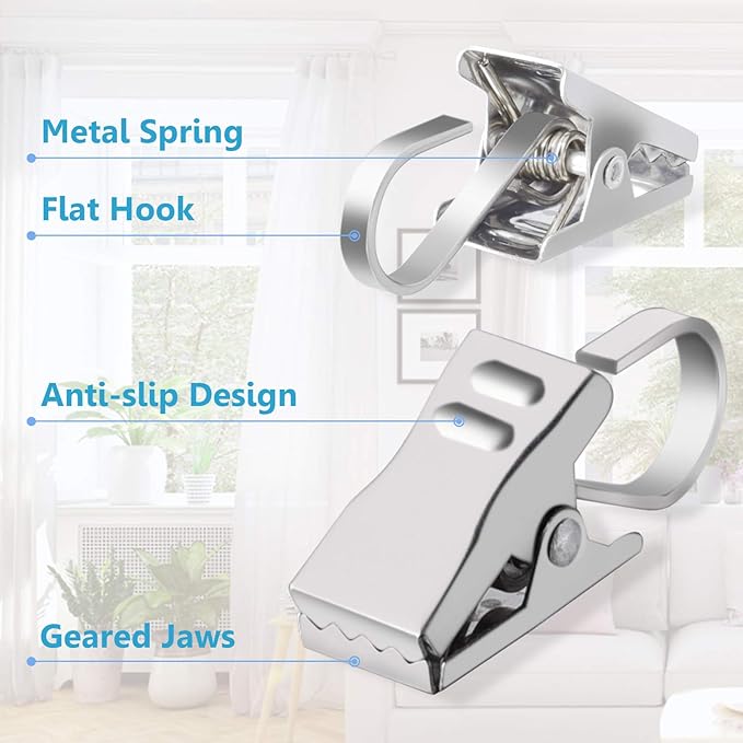 Curtain Clips, 100 Pack Stainless Steel Light Clips for Outside String Lights Party Decor Hanging Photo Camping Tents Arts Crafts Display