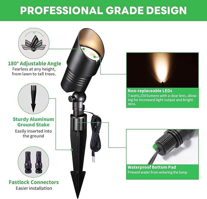 Low Voltage Landscape Lights - Warm White Cool White LED Outdoor Spotlights, 12V Spot Lights Waterproof Hardwired, Adjustable Color Temp Aluminum, Black for Wall Wash Flag 10 Pack