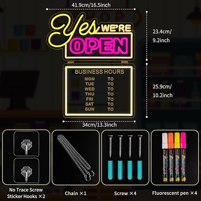 MissAudrey Yes! We Are Open Neon Signs for Business with Cycle Timer, 16.5"*19.4" LED Open Neon Sign for Wall Decor, USB Power with Business Hours Lights Up Sign for Bar Coffee Shop Restaurant Club