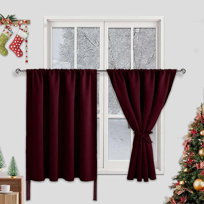 JIUZHEN Short Blackout Curtains for Small Window - Cafe Room Darkening Privacy Thermal Insulated Window Curtains Tiers for Bathroom,Kitchen, W 52 x L 36 Inch, Set of 2 Panels with Tiebacks,Burgundy
